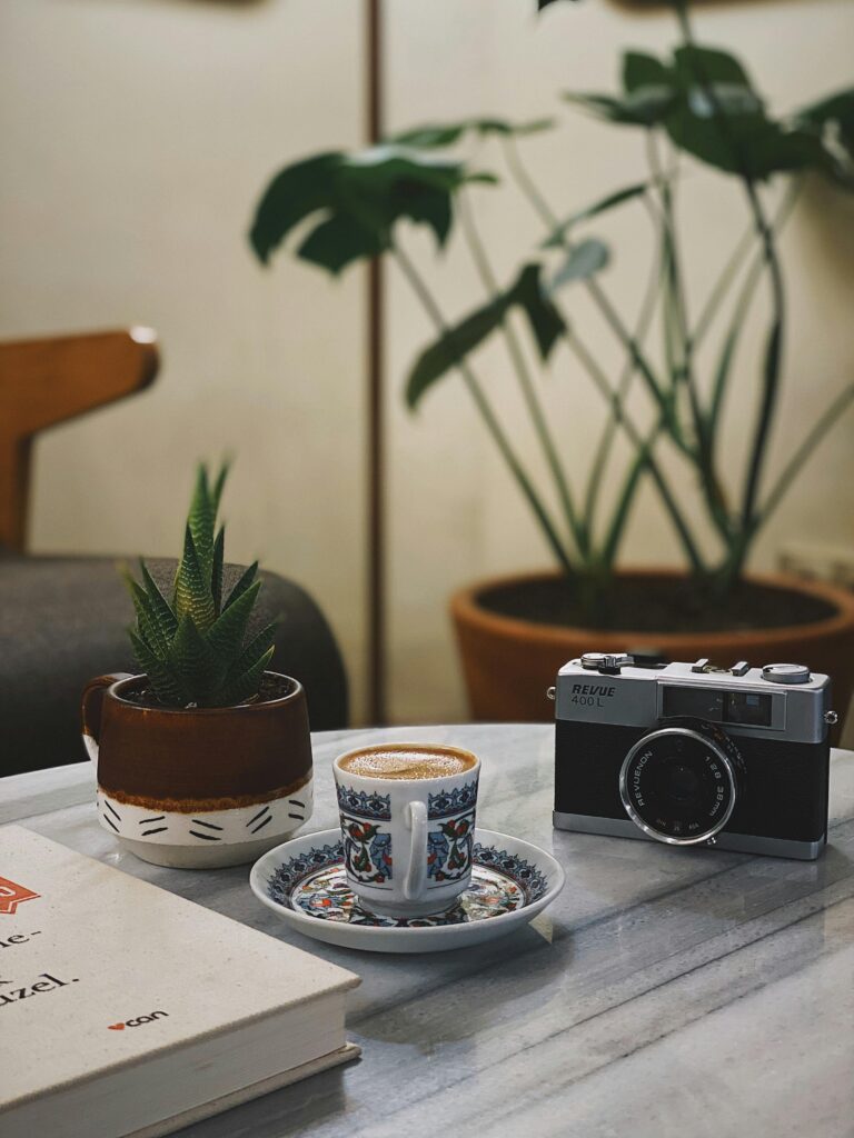 Vintage camera with coffee cup and plants on a cozy table in Istanbul.