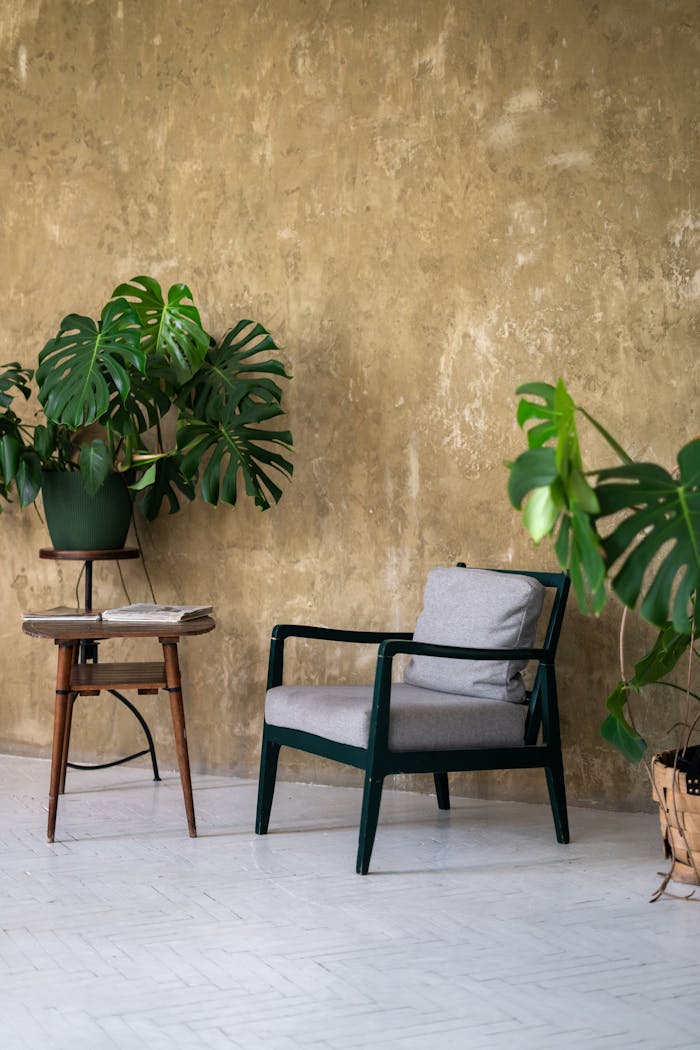 A cozy armchair and monstera plants in a chic, minimalist indoor setting with natural textures.